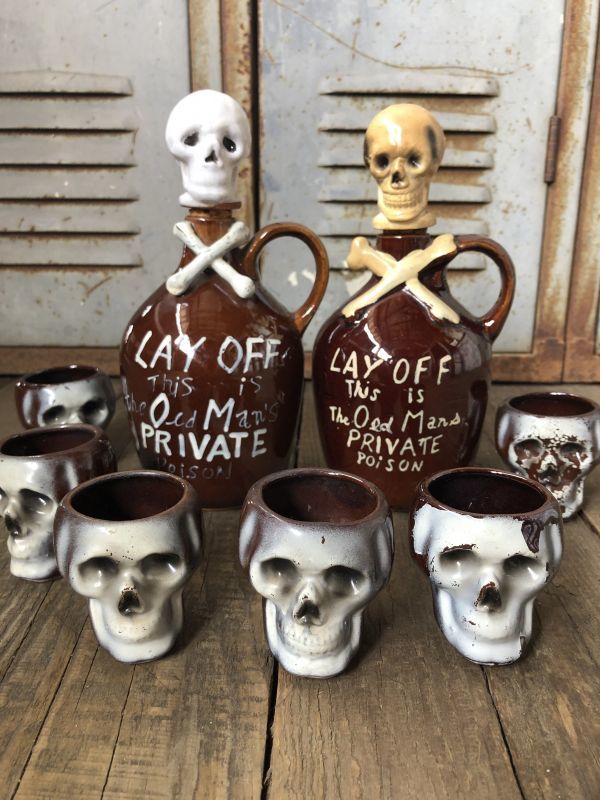 50s Vintage JAPAN Skull Poison Bottle Decanter (B275) - 2000toys