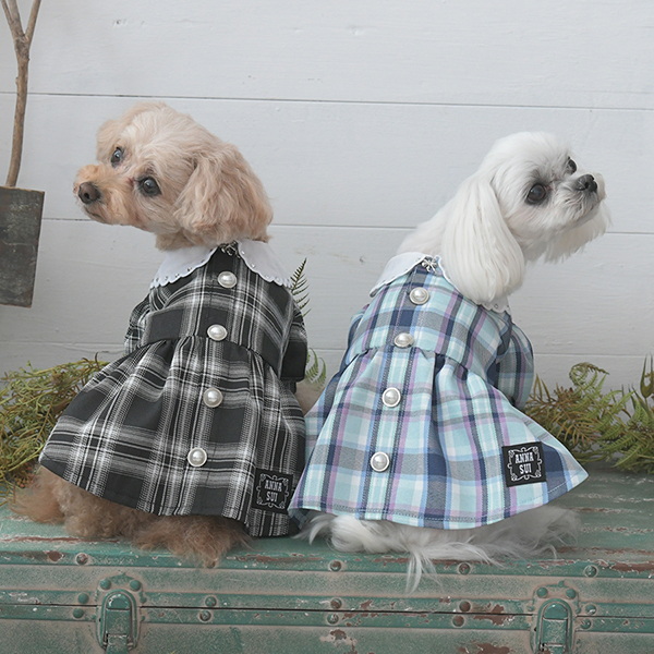 0271-1犬服ドッグウェアペット服温かいチェック柄ワンピースリボン
