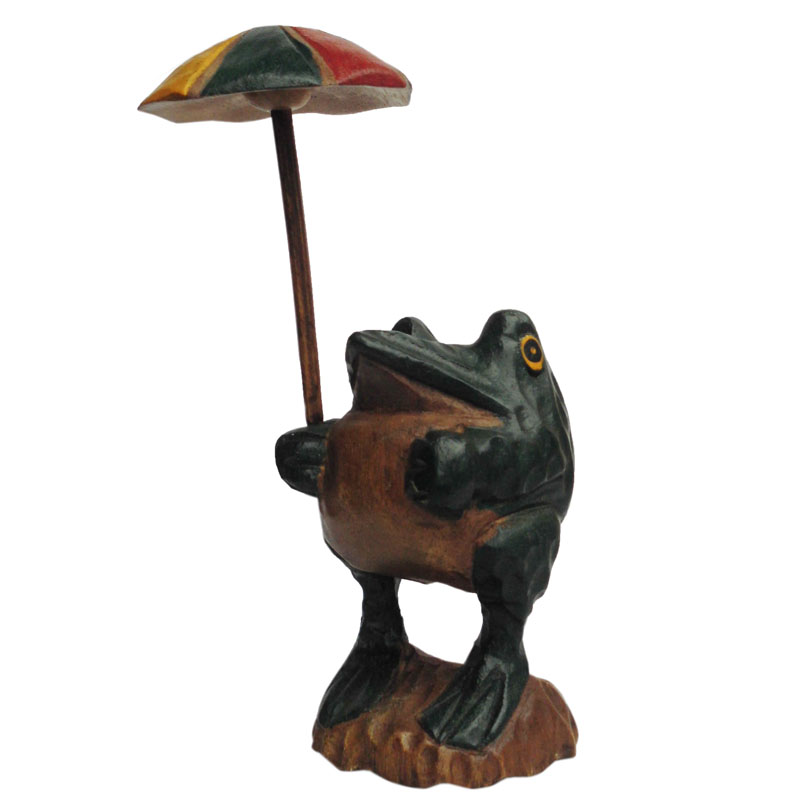 アジアン雑貨 KEU-10 傘持ちカエルさんの木彫り