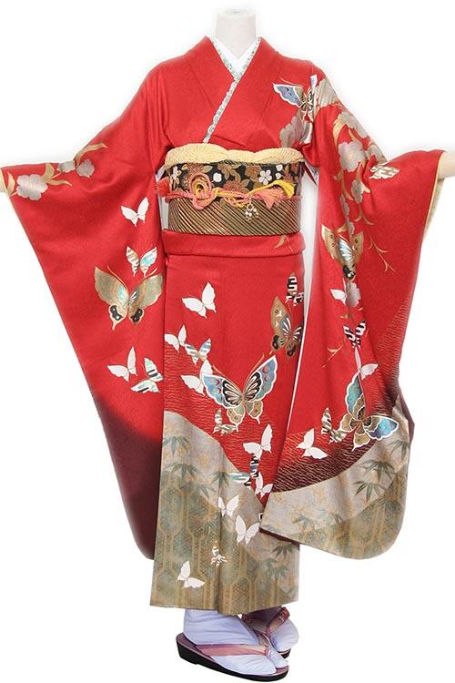 B 蝶々に花模様 金彩 黒 赤 シック 正絹 振袖 成人式 着物 赤蝶