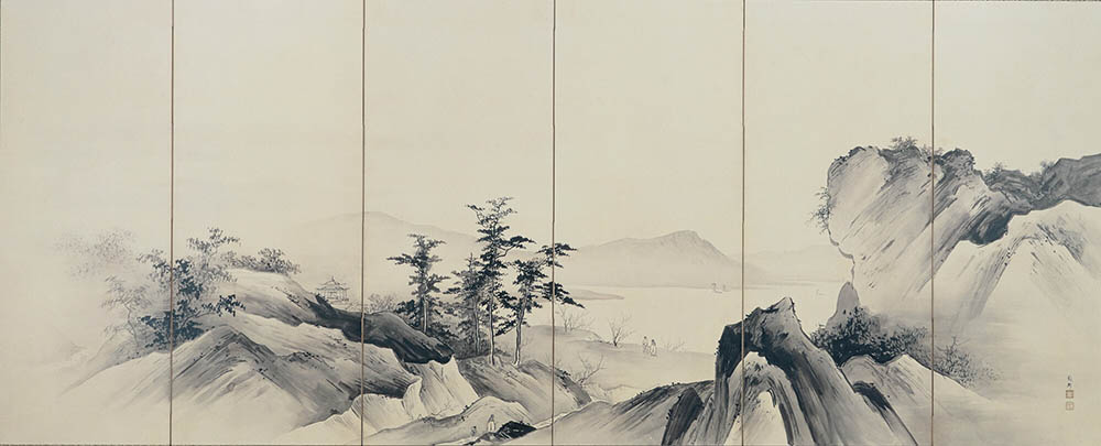 橋本雅邦 水墨画 【 夏景山水図】 子息 橋本永邦極め箱 落款照合済