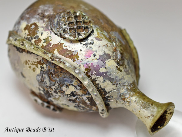 1908】古代ローマングラス装飾付濃厚銀化瓶 ボトル(高さ約9.0Cm