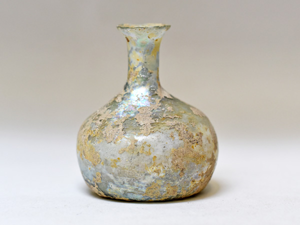 2507】古代ローマングラス美銀化極薄長頸ふっくら小瓶 ボトル(高さ約