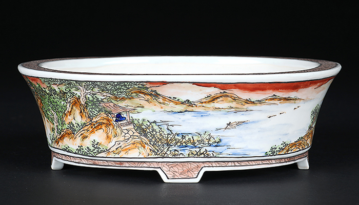 月之輪正泉五彩湖畔山水図楕円鉢 | 盆栽、盆栽書籍、盆栽鉢の通販