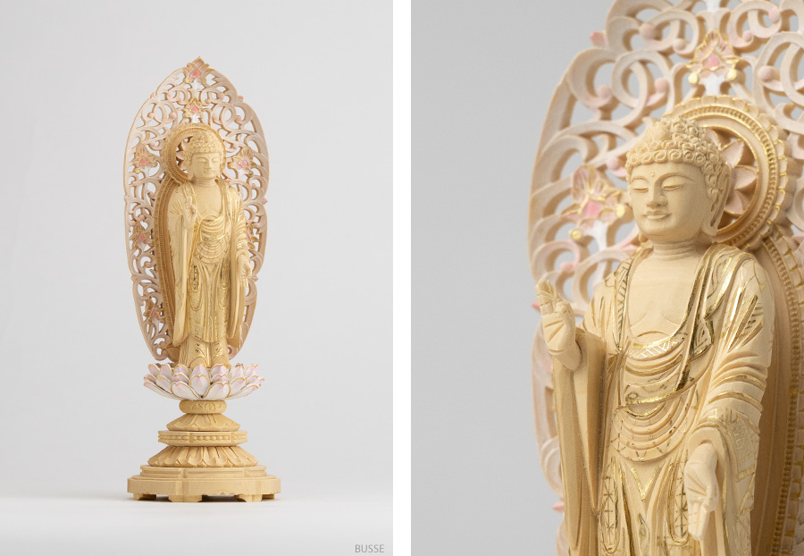 仏像 舟立阿弥陀如来 柘植製/ツゲ 丸座 3寸 金泥書 淡彩色 さくら色