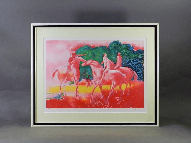 リトグラフ ギアマン 馬の絵 真作夕焼けの乗馬／リトグラフ ポール