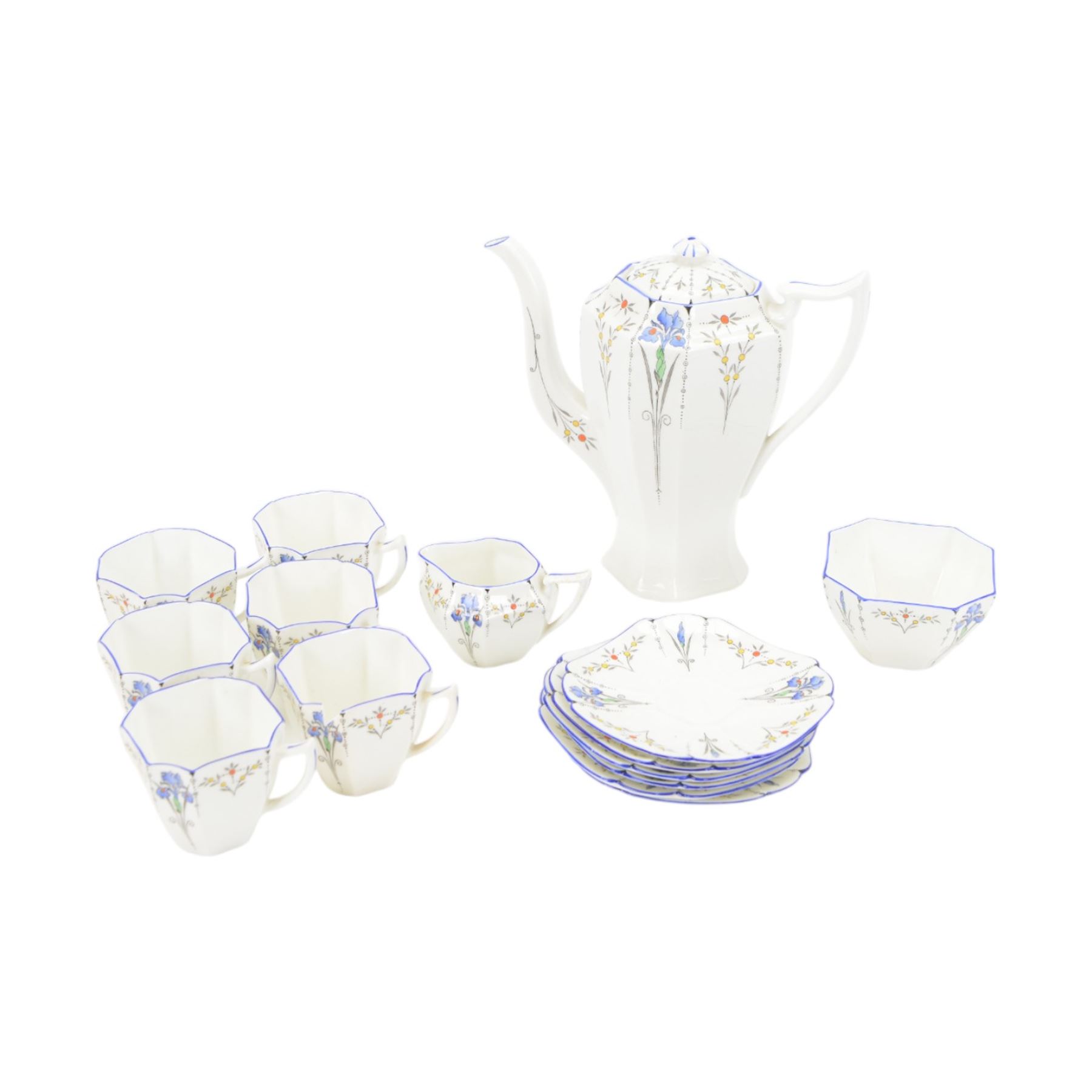 Shelley Art Deco Queen Anne shaped coffee service in the blue iris