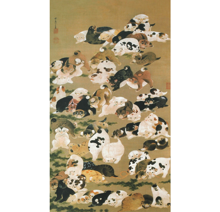 掛軸】動物図「犬」郎世寧風 三尺中堂／紙本表装済み 174×77cm 掛軸