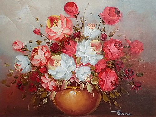 キャンバス油絵 専用 花瓶に入れた二輪のお花 キャンバス油絵 専用