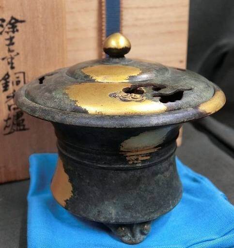 平安 秦蔵六造 銅鍍金 獅子摘 太鼓式 香炉 H R5377 平安 秦蔵六造 銅