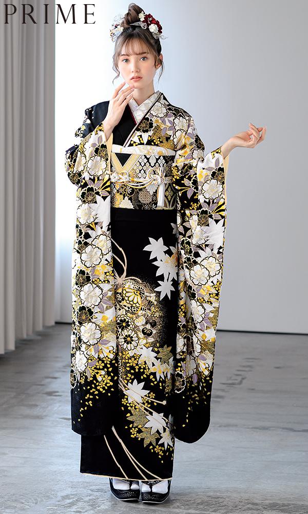 振袖フルセット 花蝶文 成人式 振袖 ゴールド 黒 正絹 振袖6点セット