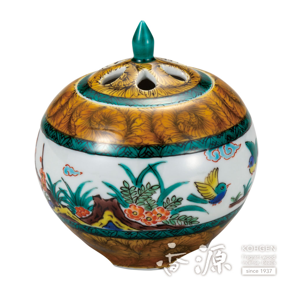 九谷焼香炉古九谷風花鳥【田中柚伎作】木箱入り