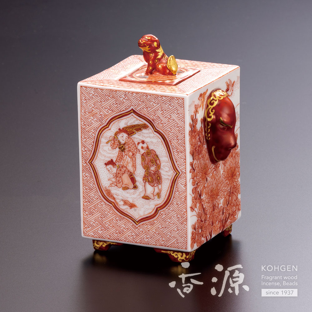 陶芸家福島武山九谷焼細密赤絵三つ足香炉香爐鳳凰菊大黒箱なし