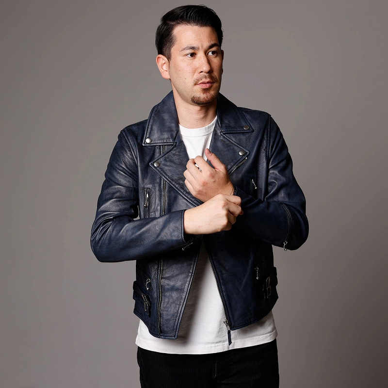 Mo-Laws ラム革 メンズ ダブルライダースジャケット UKタイプ ネイビー