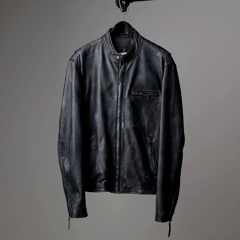 レザージャケット メンズ ダメージ風 ネイビー 紺色 本革 シングル