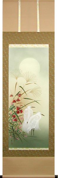 掛け軸 月下白鷺図 (葛谷聖山) 送料無料 【掛軸】【一間床・半間床