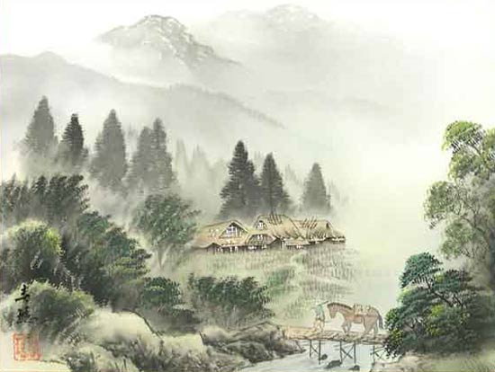 絵画 日本画 彩色山水 （田崎春瑤） 送料無料 【肉筆】【日本画