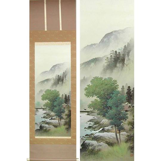 掛け軸 彩色山水 (小島光径) ※即納※ 送料無料 【掛軸】【一間床・半間