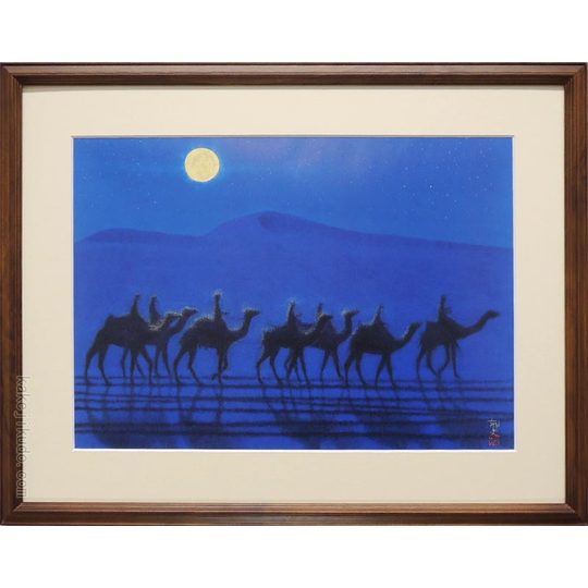 風景画平山郁夫月光の砂漠M10額付き手描き肉筆