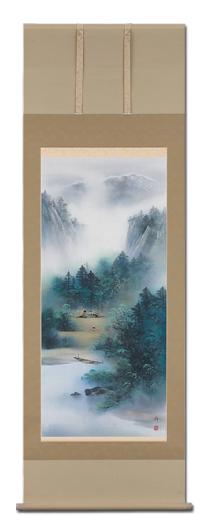 青緑山水 中沢勝 尺八立 肉筆！ 山水画 - 掛け軸（掛軸）販売通販なら