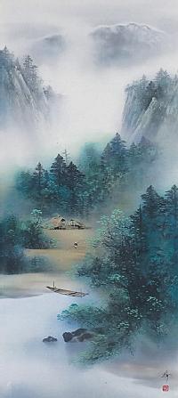 青緑山水 中沢勝 尺八立 肉筆！ 山水画 - 掛け軸（掛軸）販売通販なら