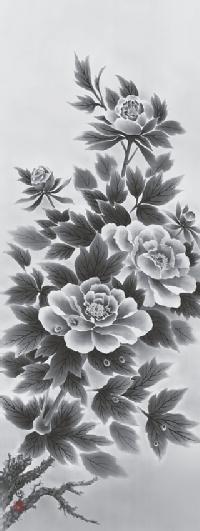 墨牡丹 田村 竹世 （三美会）尺五 日本製 花鳥画 - 掛け軸（掛軸）販売