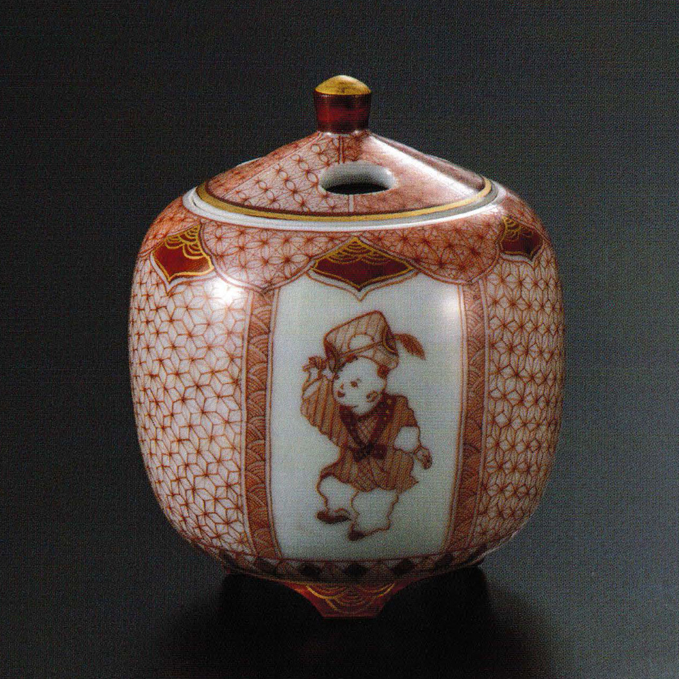 九谷の名工 三ツ井為吉作 色絵 十網図 香炉 K83 共箱 栞付き 九谷の