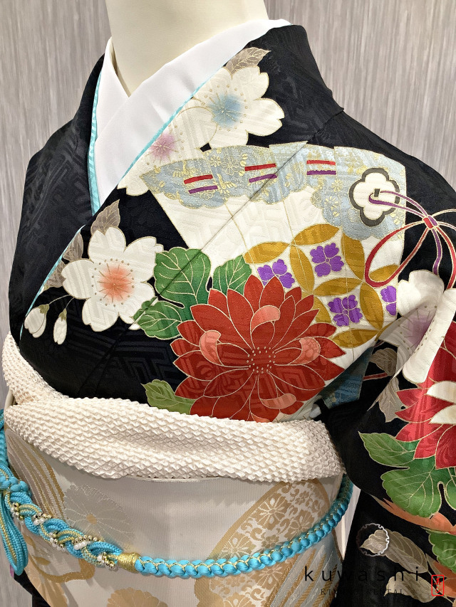 正絹振袖レンタル】 80007 ノーブルブラック彩花扇正絹振袖袋帯