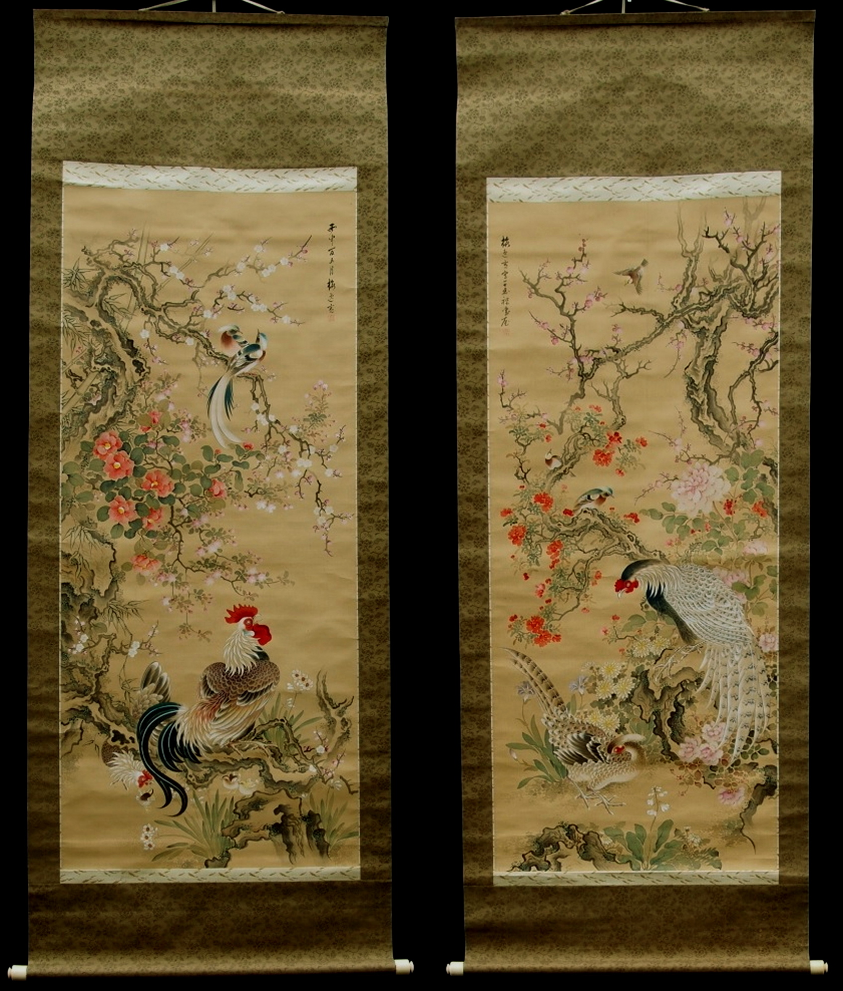 真作】掛軸 南天に鳥図 墨彩花鳥画 冬の彩り 花鳥逸品