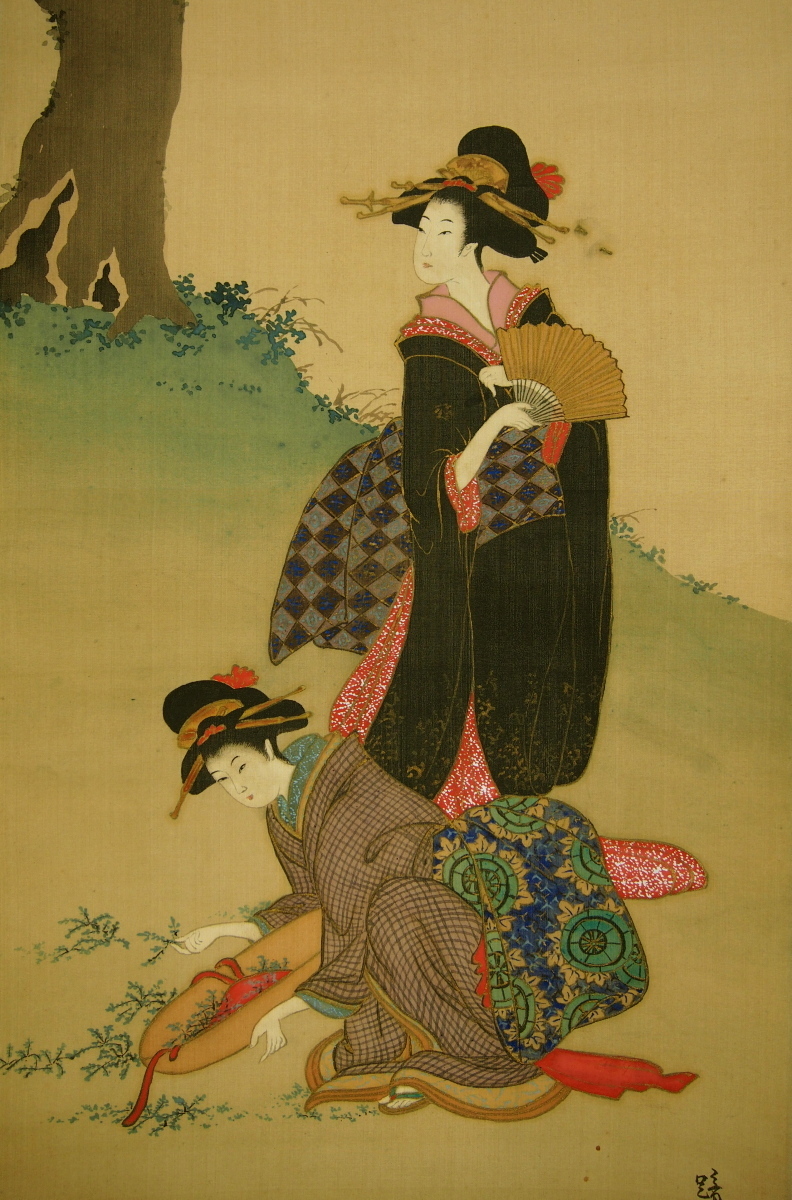 真作】掛軸 艶やか美人画 花魁図 桜と花魁の華やぎ 二重箱入（合箱