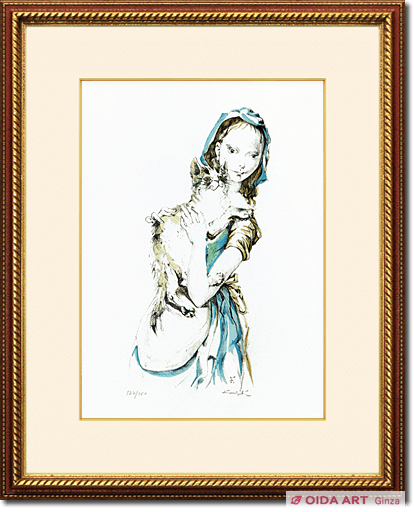 藤田嗣治、絵画、油彩画4F猫を抱く少女、高級額縁、肉筆、鴨居玲