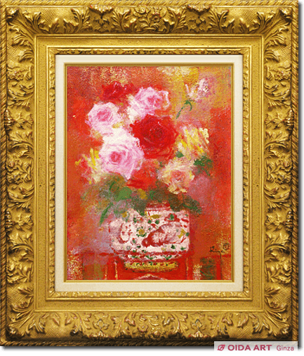 清原啓一真作「李朝壺の薔薇」 油彩6号サイン裏面に題名・署名格調高い名品