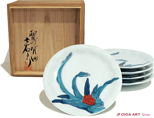 1886 今泉今右衛門作錦椿画小皿5客未使用