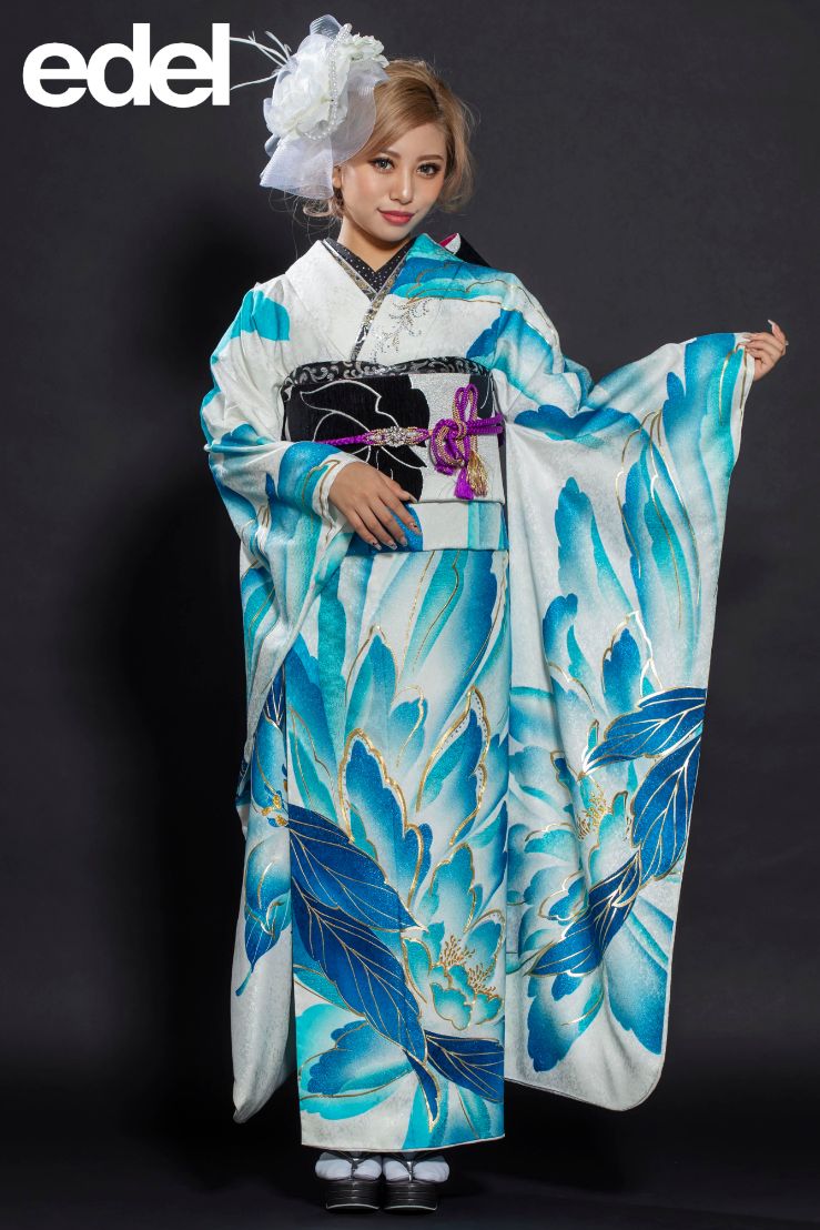 511z19〇振袖 モダン 牡丹 桜 青 白〇状態良好 成人式 結婚式