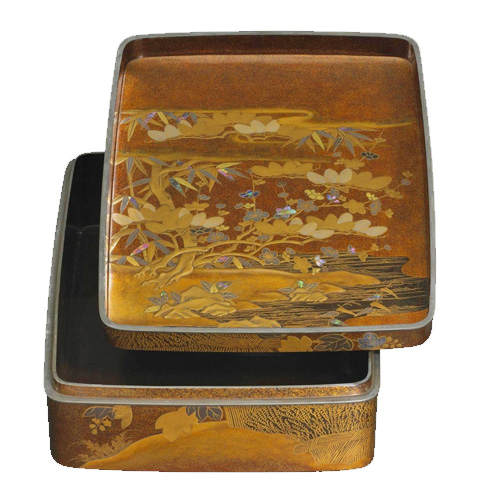 MA808】時代 加賀蒔絵 桐鳳凰・花唐草 金蒔絵 梨地 饅頭箱 菓子箱 漆芸