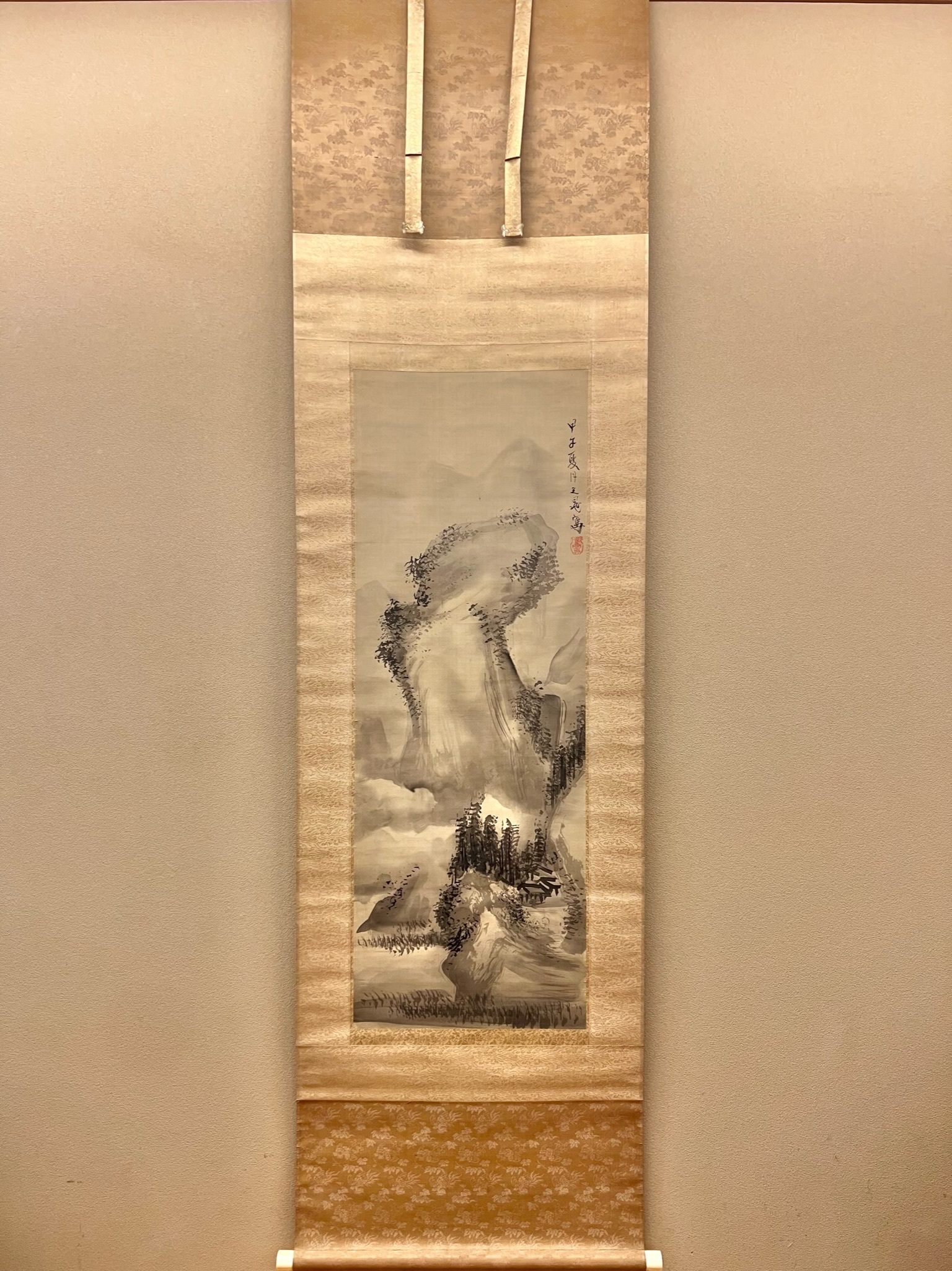 加藤文麗 画讃 水墨瀑布図 絹本掛軸一幅 落款印譜 肉筆画 模写 NO62