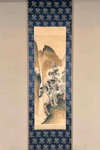 真作】南山/松花堂/塔山水画賛/横物/掛軸/名家伝来/AA-266