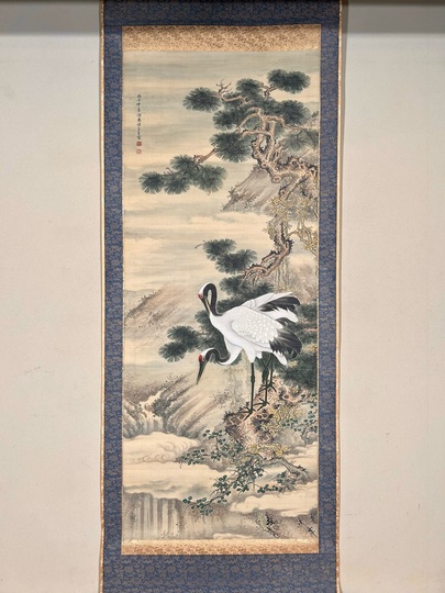 真作】掛軸 松上鶴 吉祥の象徴 二羽の鶴と老松 共箱入 S112 真作】掛軸