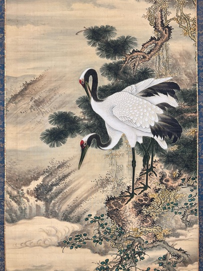 掛軸 水墨画 松鶴図 謝陽画中国 絵画 鶴 松 箱付 張大千大風堂 掛軸