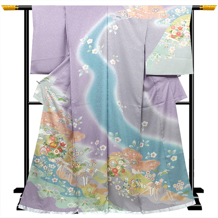 お値下げ 訪問着フルセット 紫灰色 付け下げ フルセット 着物 正絹