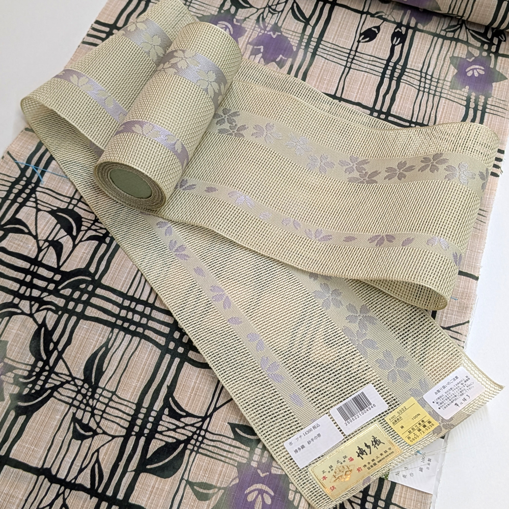 博多織/名古屋帯 ］正絹 白 生成り 更紗 草花 本場筑前博多織 本筑