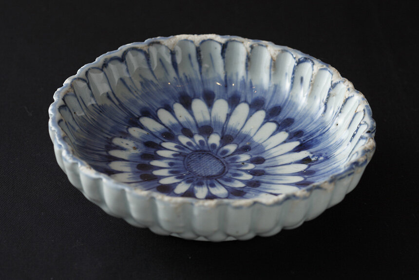 藍九谷様式 伊万里焼 染付 瓜型 鉢 水指 古民藝 Q2281