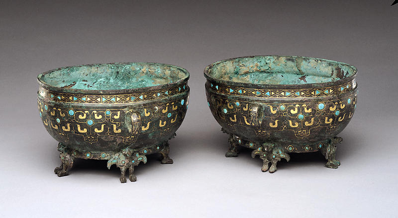 中国古美術・旧蔵鎏金の虎符セット・兵符・純銅製・高浮彫・置物