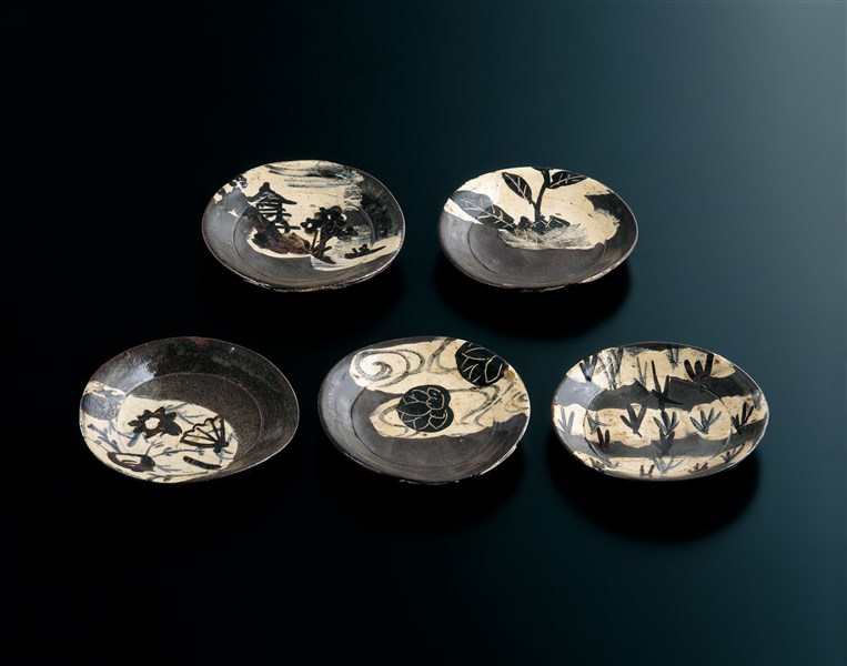 送料無料 尾形乾山六世 三浦乾也作 銹絵染付絵替わり煎茶碗5客 無傷