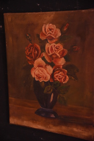 キャンバス油絵 いとを お花とビンとカップのあるテーブル おしゃれ