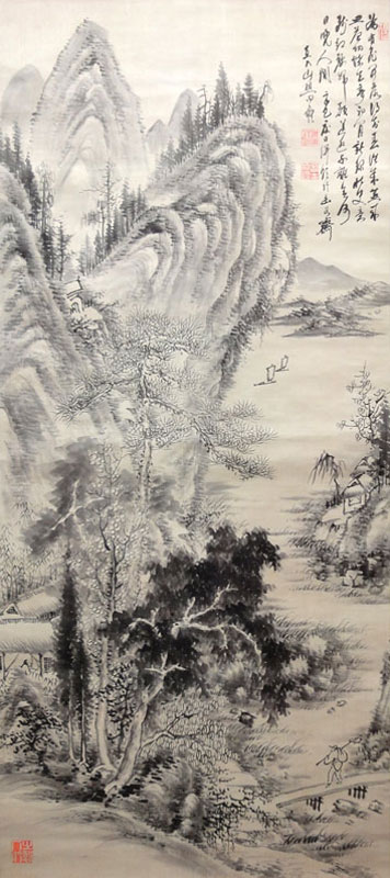 真作/田能村直入/山水人物画賛/山水図/水墨山水図/掛軸/名家伝来AE-390