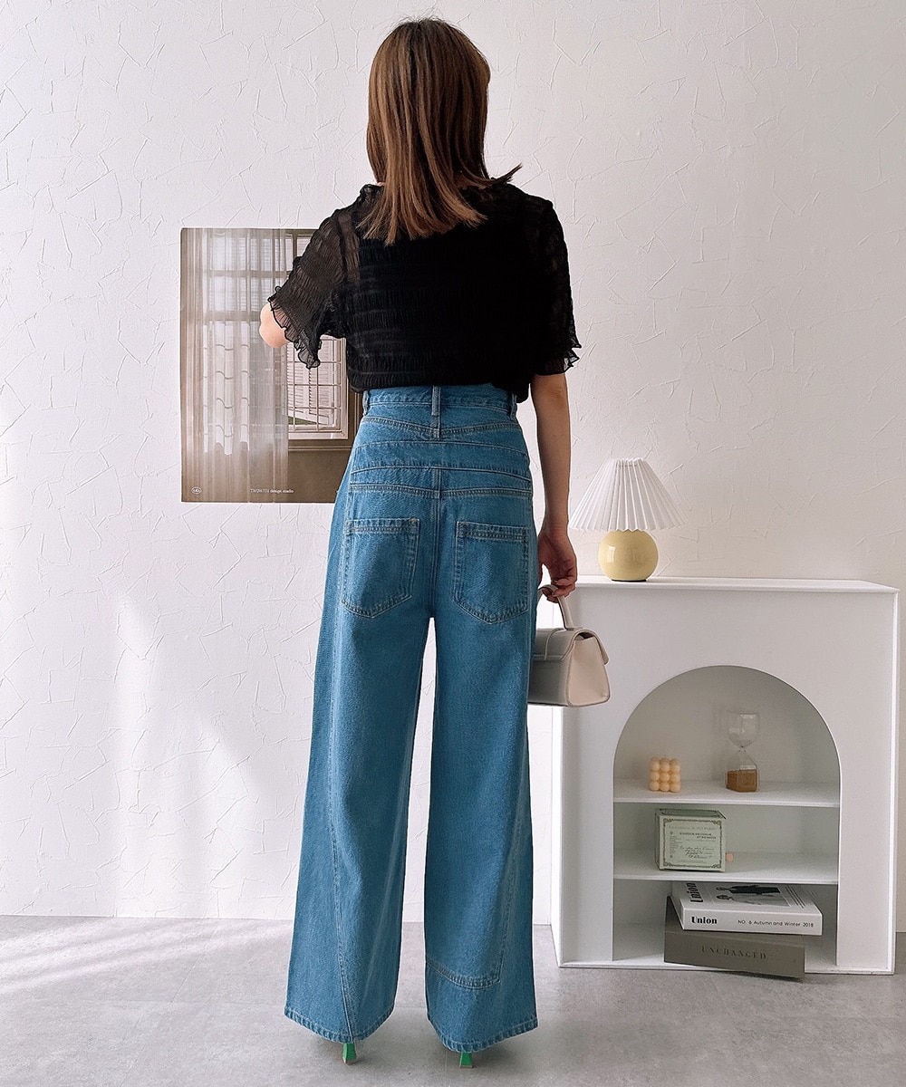 ハイウエストオーバーラップワイドデニムパンツ 通販【ニッセン】