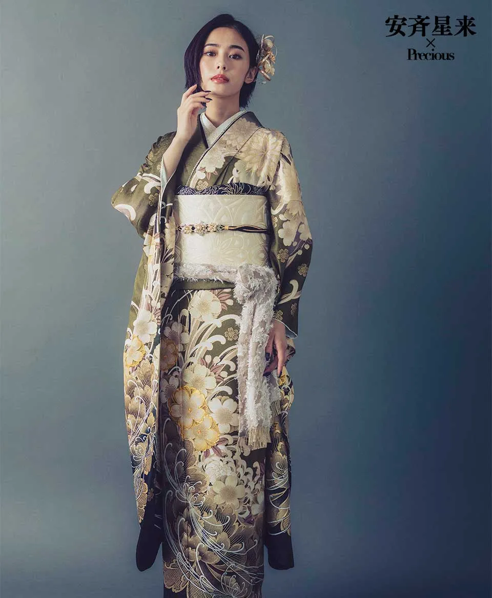 モスグリーン地大菊に桜[FR5025] | 成人式振袖レンタル京都さがの館