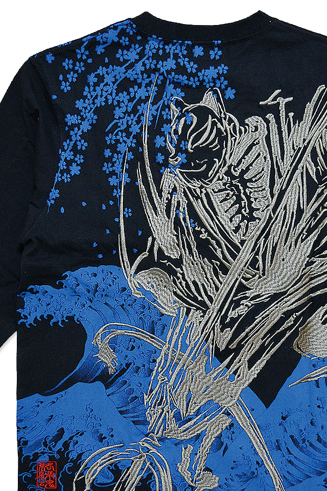 侍髑髏七分袖Tシャツ 絡繰魂 221082 和柄 和風 刺繍 狐 お面 半端袖 七部