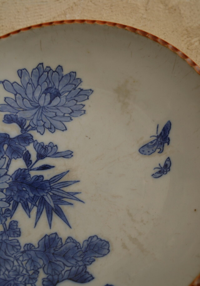 大皿 直径 42.2 cm !大皿 蝶々 花鳥 梅 染付 昭和レトロ 飾り皿② 大皿